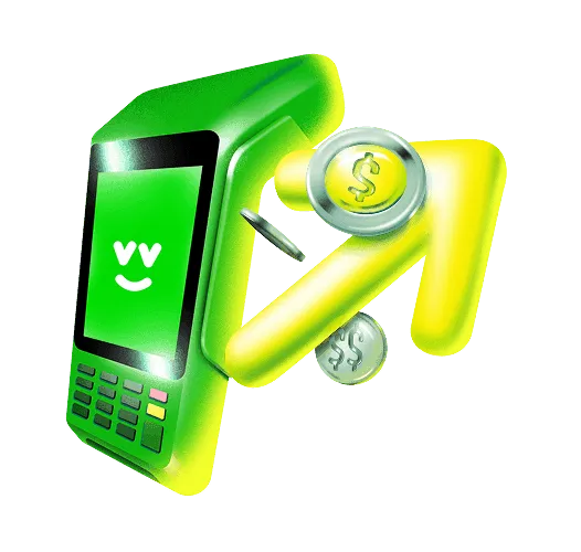 Ilustração maquininha do Ton com o visor apresentando o logo do Ton sorrindo e uma seta para cima com moedas com cifrão ao seu lado direito.