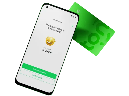 Ilustração de pagamento com cartão Visa verde da Super Conta Ton usando o sistema de aproximação do Tapton. A tela do dispositivo mostra o valor de R$ 200,00.