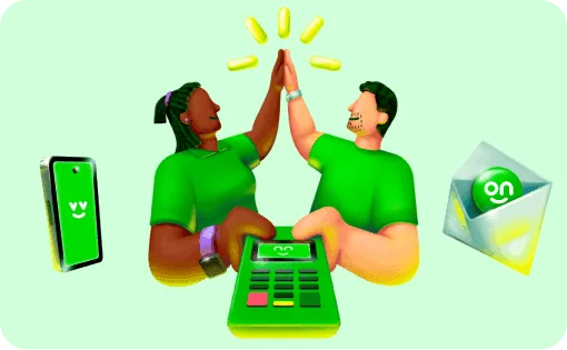 Ilustração Consultores Renda Extra Ton. Um homem e uma mulher comemorando e batendo as suas palmas das suas mãos e segurando ao mesmo tempo uma maquininha do Ton. Ao fundo temos um celular e uma carta com o logo do Ton.