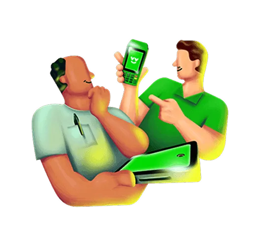 Ilustração Consultores Renda Extra Ton. Homem apontando para maquininha Ton ao fundo e outro homem a frente segurando um celular